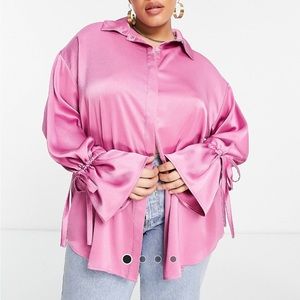 The Frolic Plus fluted sleeve oversized satin shirt in begonia pink ASOS